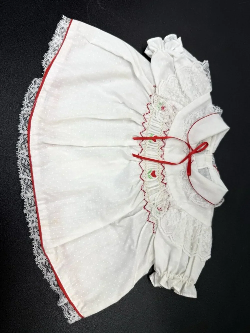Vintage New Born Baby Dress White Red Hearts Lace Polka Dots  Diaper Cover